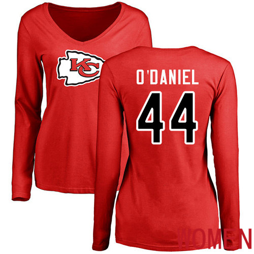 Women Kansas City Chiefs #44 ODaniel Dorian Red Name and Number Logo Slim Fit Long Sleeve NFL T Shirt->nfl t-shirts->Sports Accessory